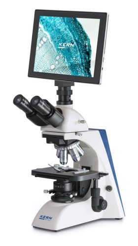 Digitális mikroszkóp trinokulárius tubussal,  40x/100x/200x/400x/1000x nagyítással, alsó halogén megvilágítással, tablet + 5MP-es kamerával (ODC 241) USB 2.0 6,8-55 FPS, CMOS 1/2,5" szenzorral, KERN OPTICS OBL 132T241